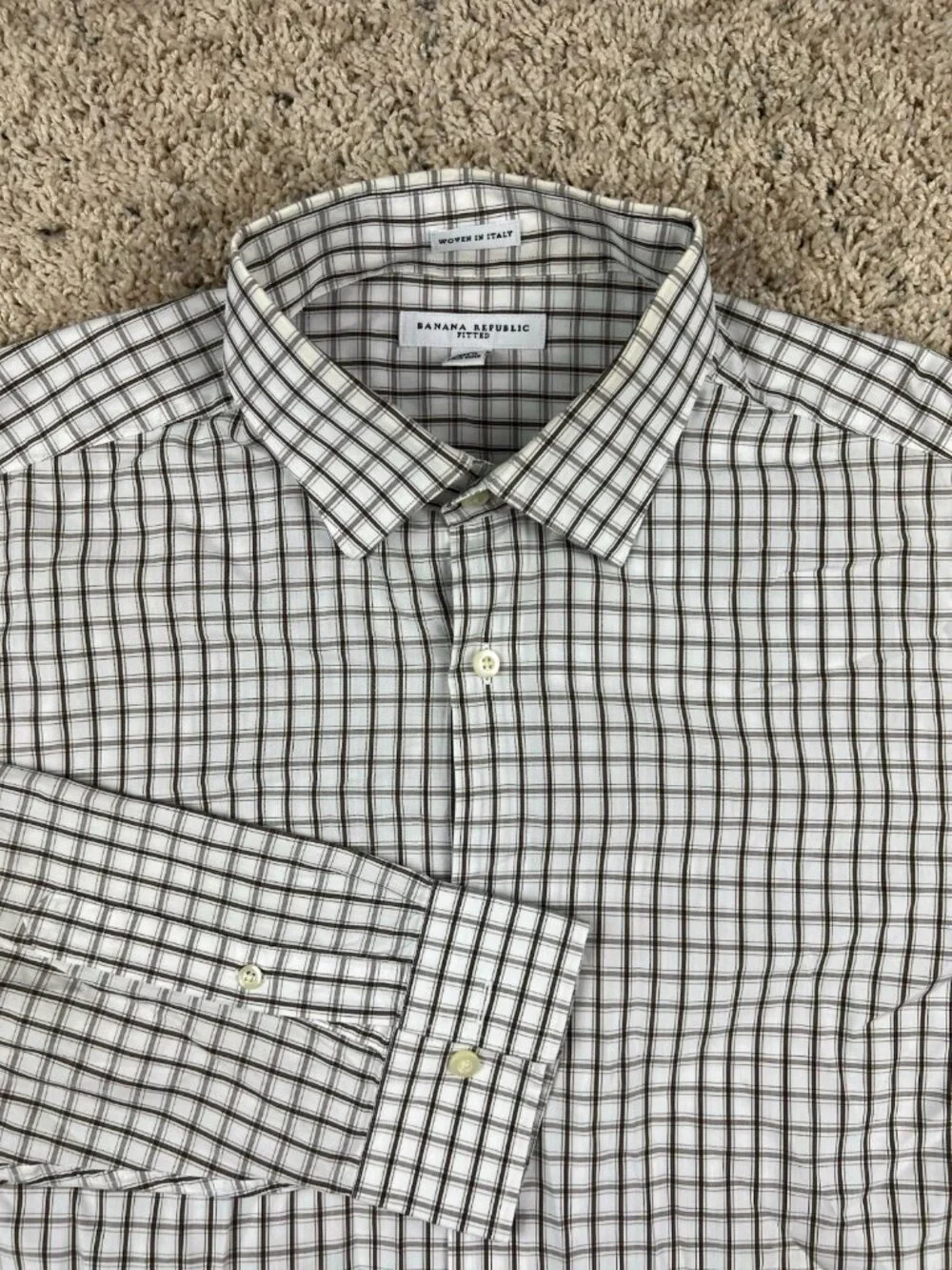 Banana Republic Men's Woven In Italy Plaid Shirt Beige Tan Size Large 16/16.5